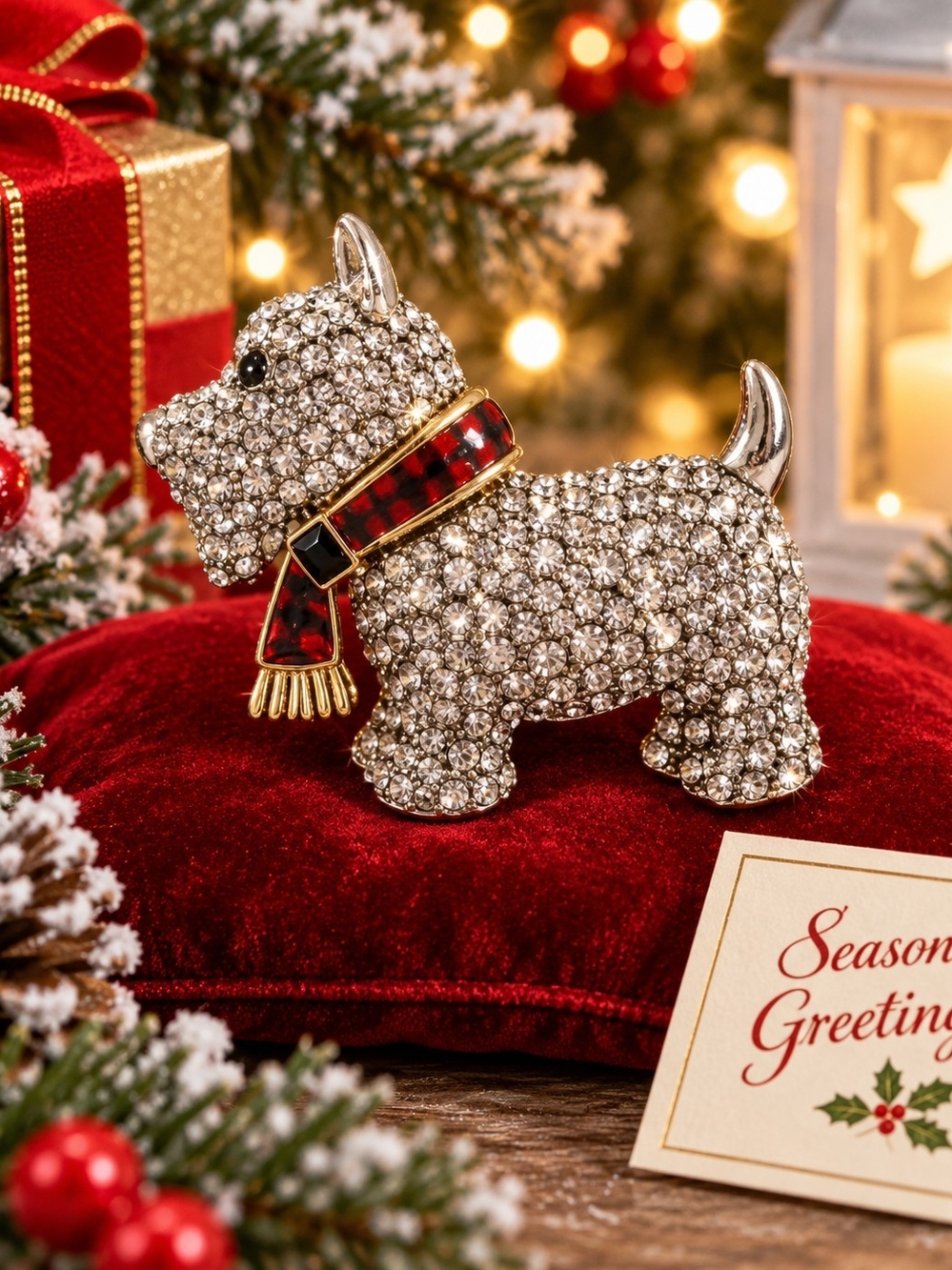 Rhinestone Scottie Dog Brooch with Red Enamel Collar